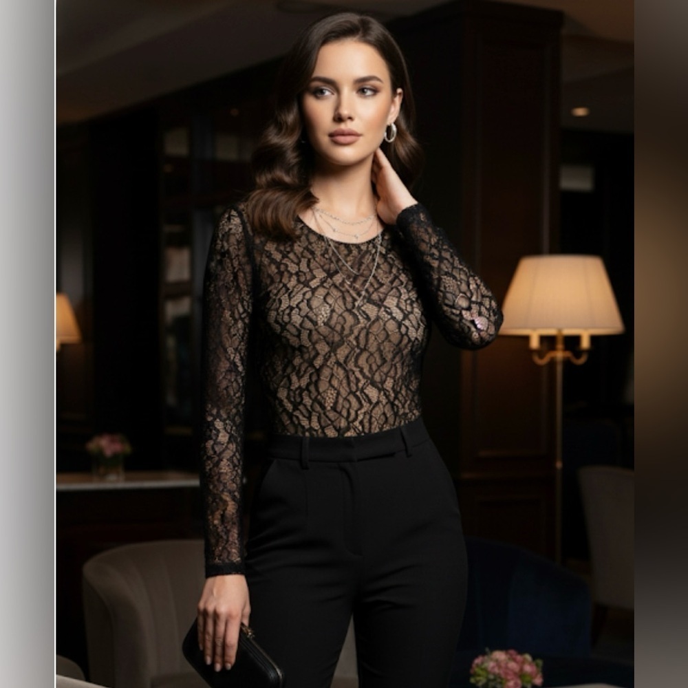 BCBGMaxAzria Black and Tan Asymmetrical Fitted Bodysuit